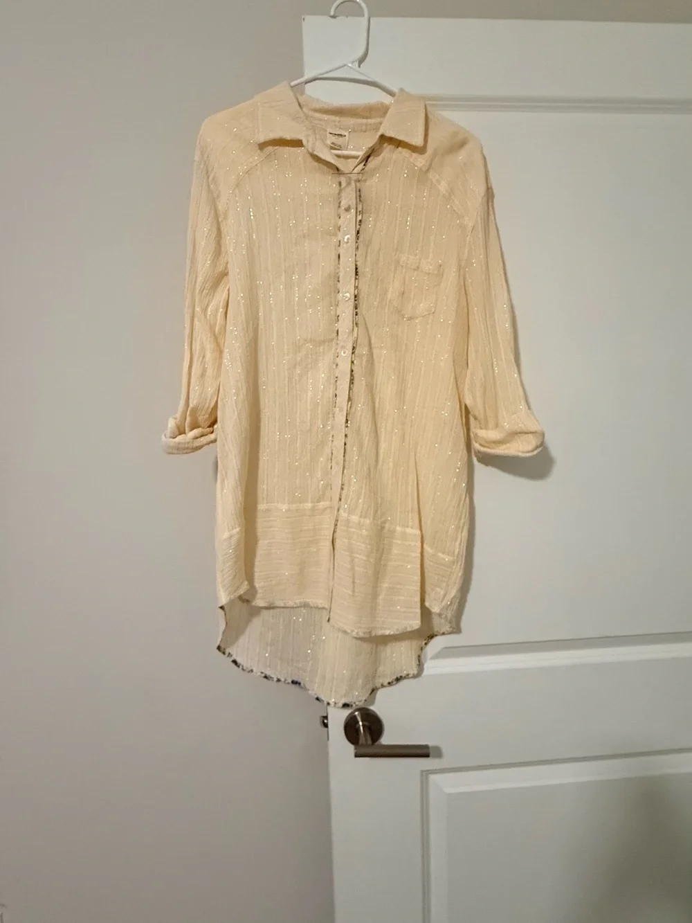 Free People Cream Metallic-Thread Midi Shirt Dress